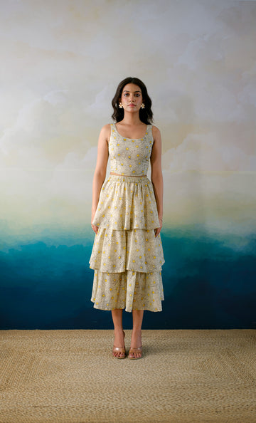 Copacabana Breeze – Hand Block Printed Cotton Tiered Skirt -Daisy Dream