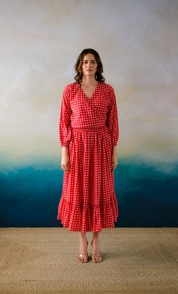 Sicilian Escape – Hand Block Printed Cotton Skirt Set- Red Gingham