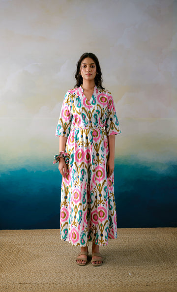 Casablanca Muse – Hand Block Printed Cotton Wrap Dress - White Mosaic