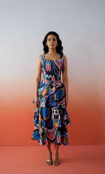 Copacabana Breeze – Hand Block Printed Cotton Tiered Skirt Set -Midnight Blues