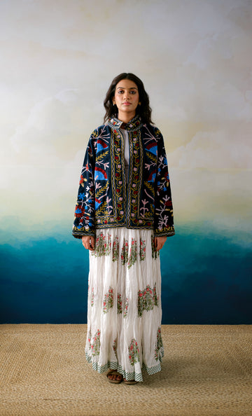 Samarkand – Suzani Embroidered Velvet Jacket -Midnight Blue