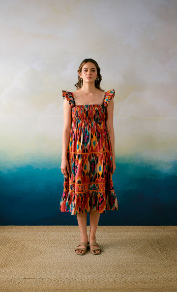 Sicilian Summer Dress – Hand Block Printed Cotton Dress -Rust Orange