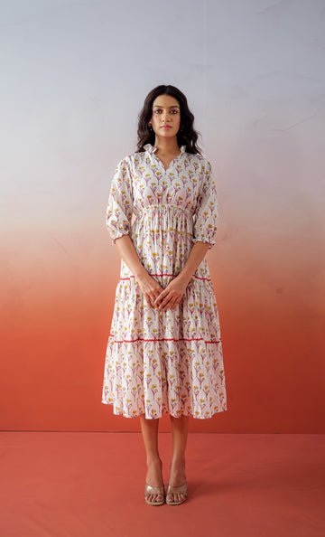 Lisse Bloom Maxi Dress – Handblock Printed Dress - White Bloom