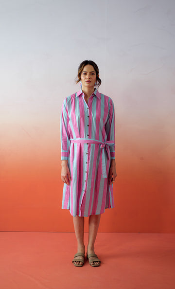 Singapore Dress – Hand Block Printed Cotton Shirt Dress -Candy Stripes