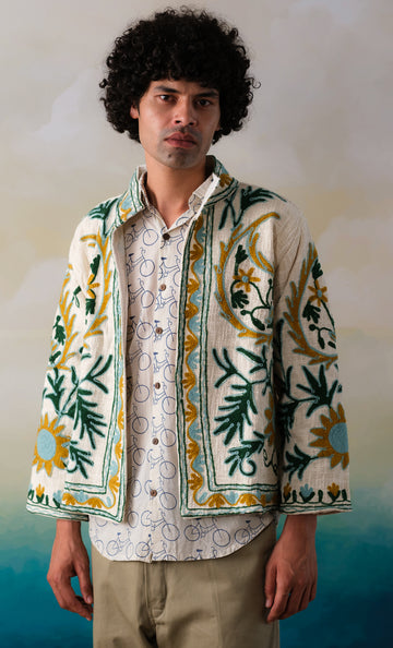 Samarkand Heritage – Suzani Embroidered Cotton Jacket - White