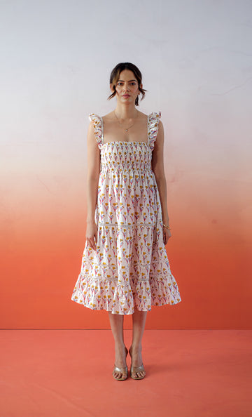 Sicilian Summer Dress – Hand Block Printed Cotton Dress -White Bloom