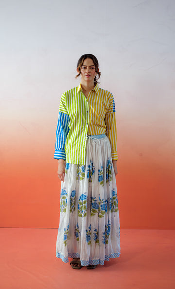 Marrakesh Escape – Hand Block Printed Cotton Panelled Skirt-Blue