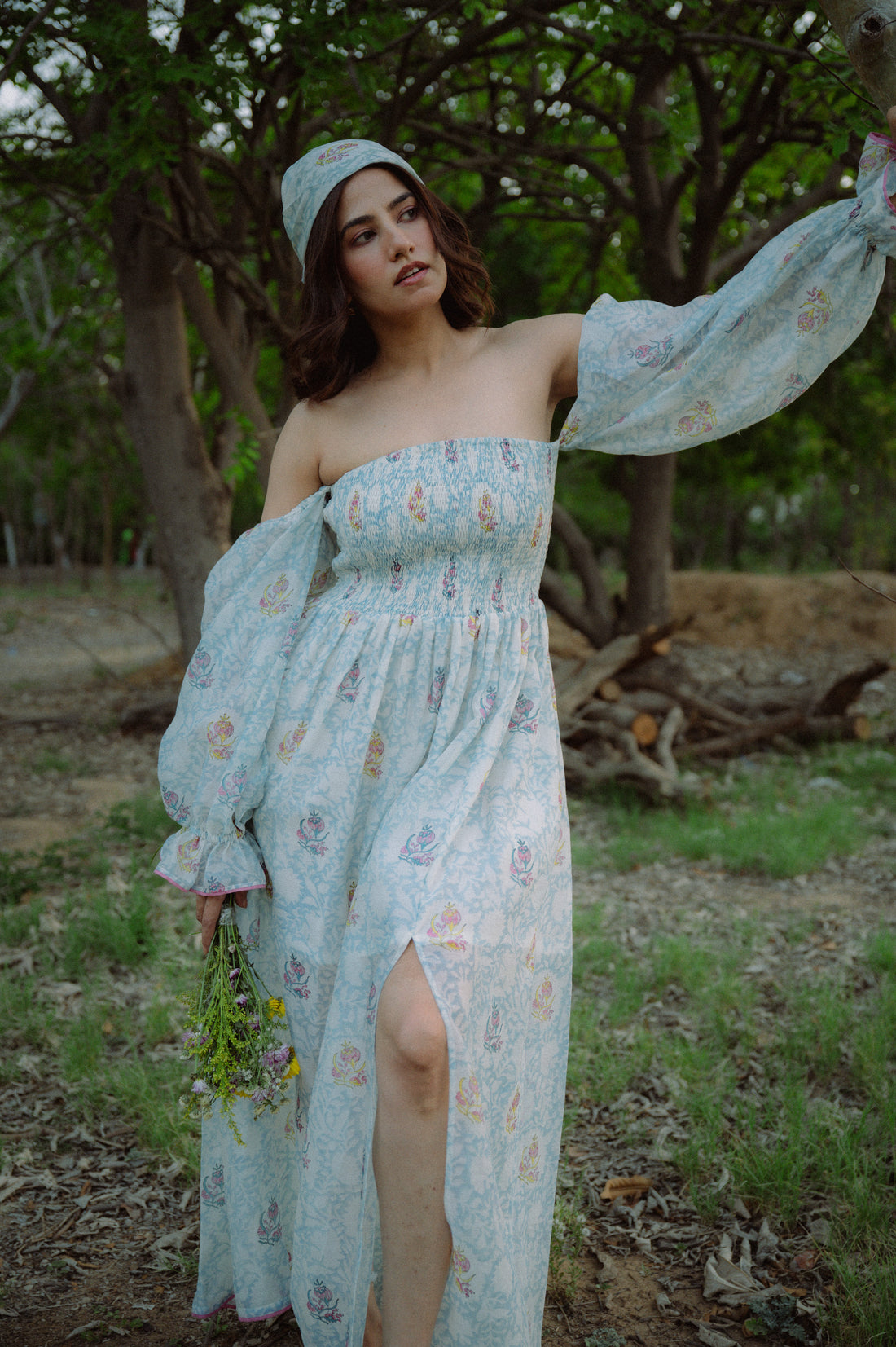 Buy Aurora Chanderi Silk Maxi Dress | White & Blue | Shop Off Shoulder Maxi Dress Online