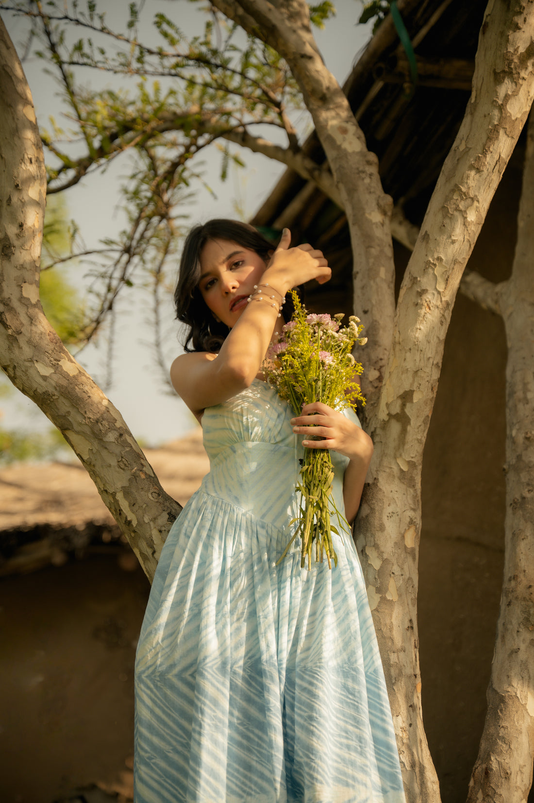 Shop Rhea Milkmaid Midi Dress | Arashi Shibori | Buy Linen Summer Maxi Dress
