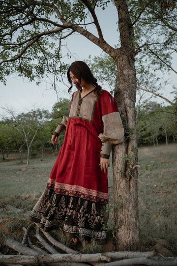 Shop Maya Upcycled Maheshwari Silk Dress | Buy Online | Red, Beige, Black