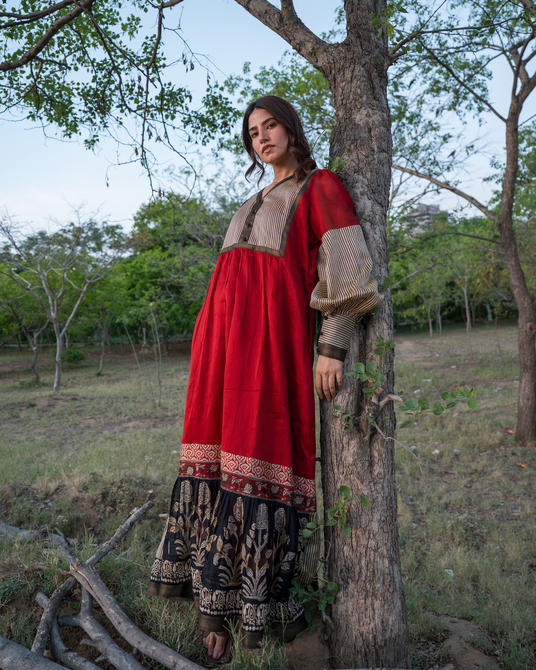 Shop Maya Upcycled Maheshwari Silk Dress | Buy Online | Red, Beige, Black