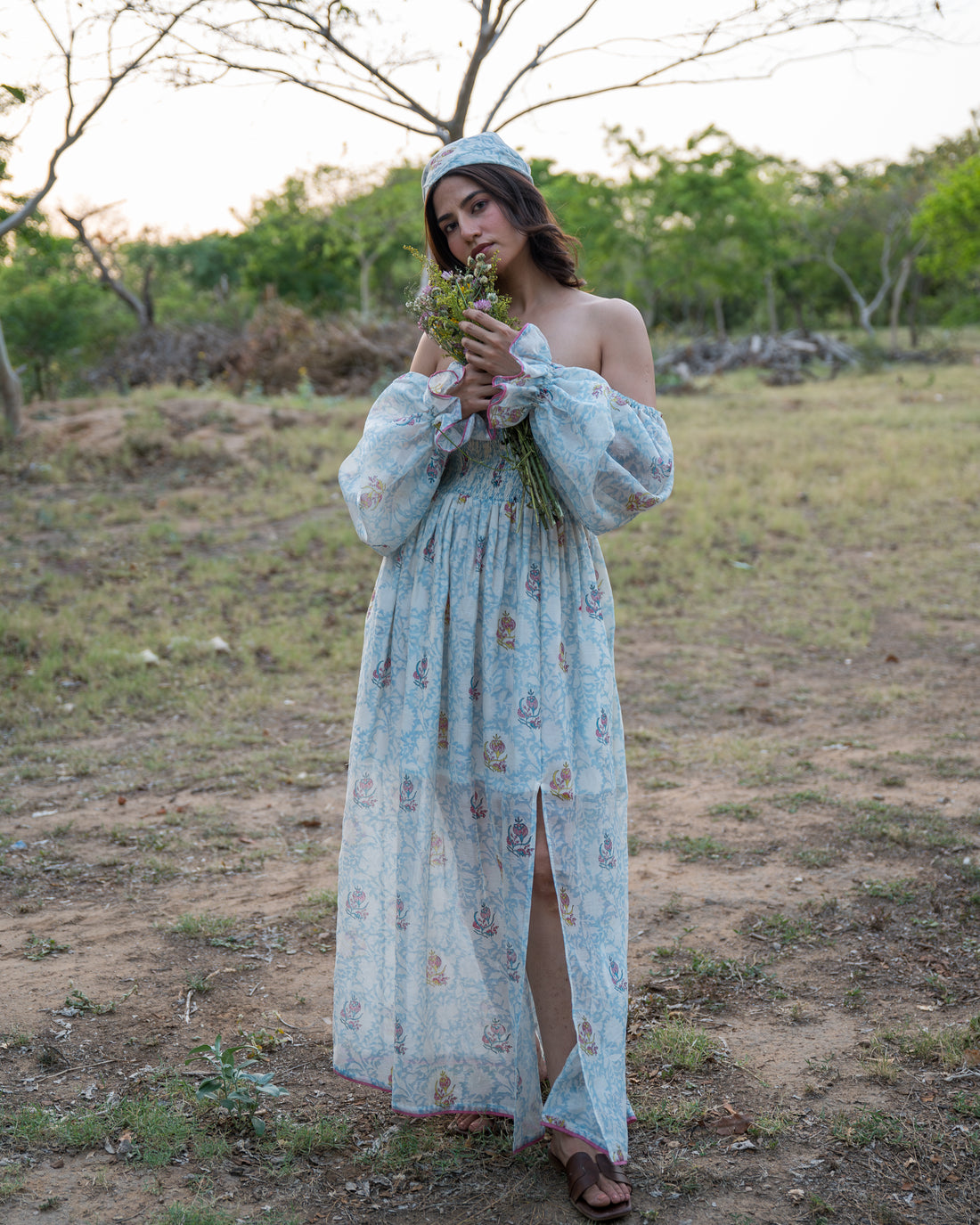 Buy Aurora Chanderi Silk Maxi Dress | White & Blue | Shop Off Shoulder Maxi Dress Online