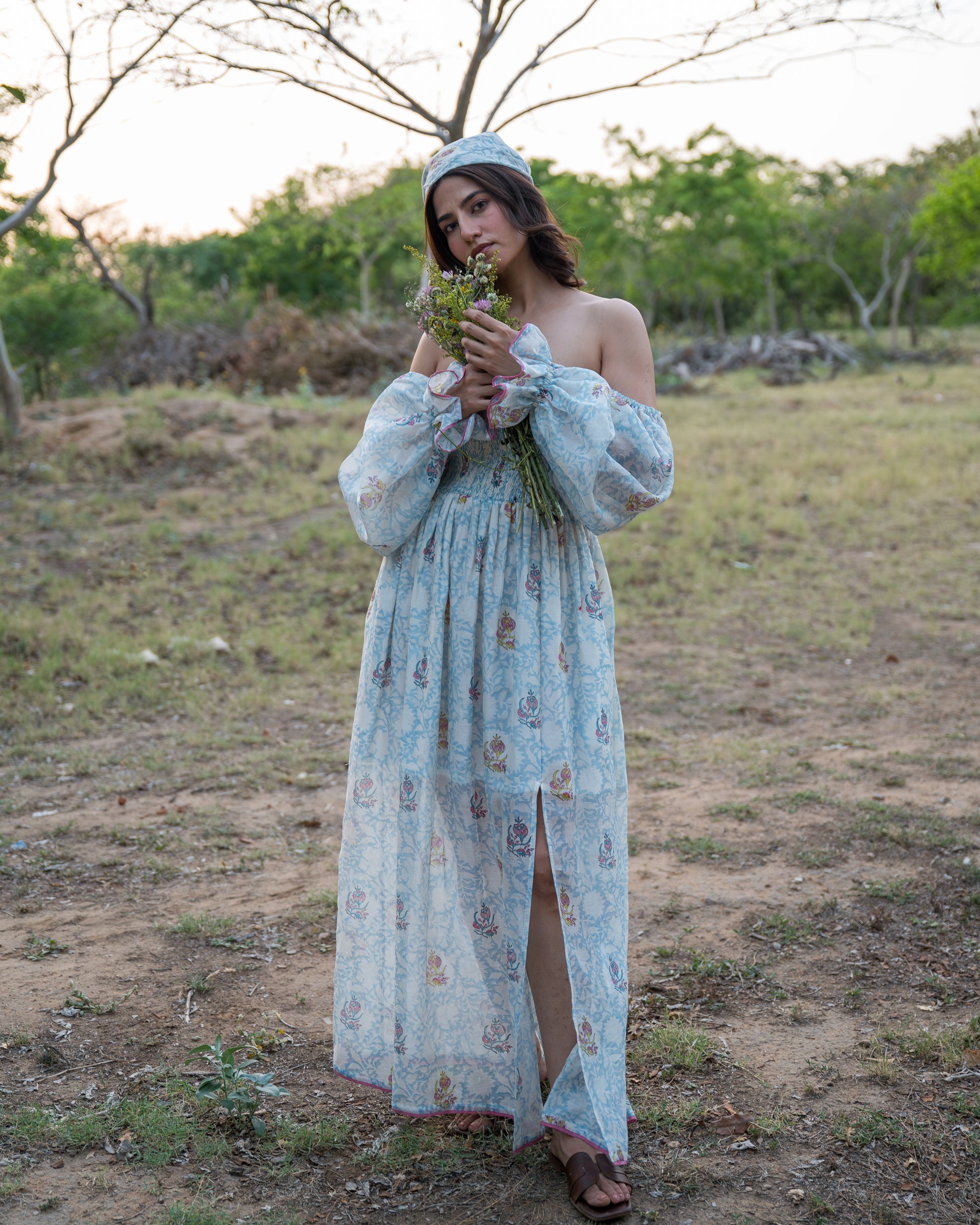 Buy Aurora Chanderi Silk Maxi Dress | White & Blue | Shop Off Shoulder Maxi Dress Online