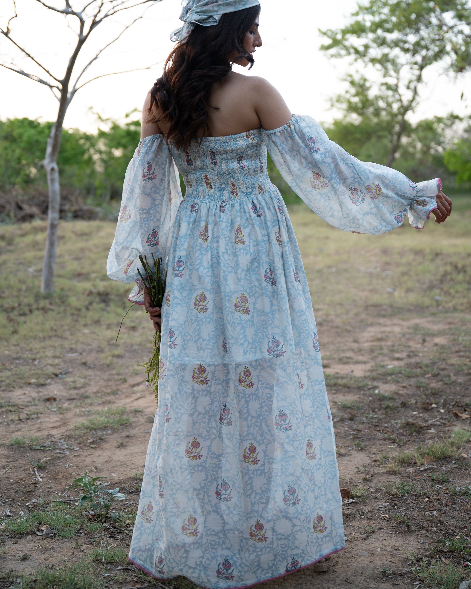 Buy Aurora Chanderi Silk Maxi Dress | White & Blue | Shop Off Shoulder Maxi Dress Online