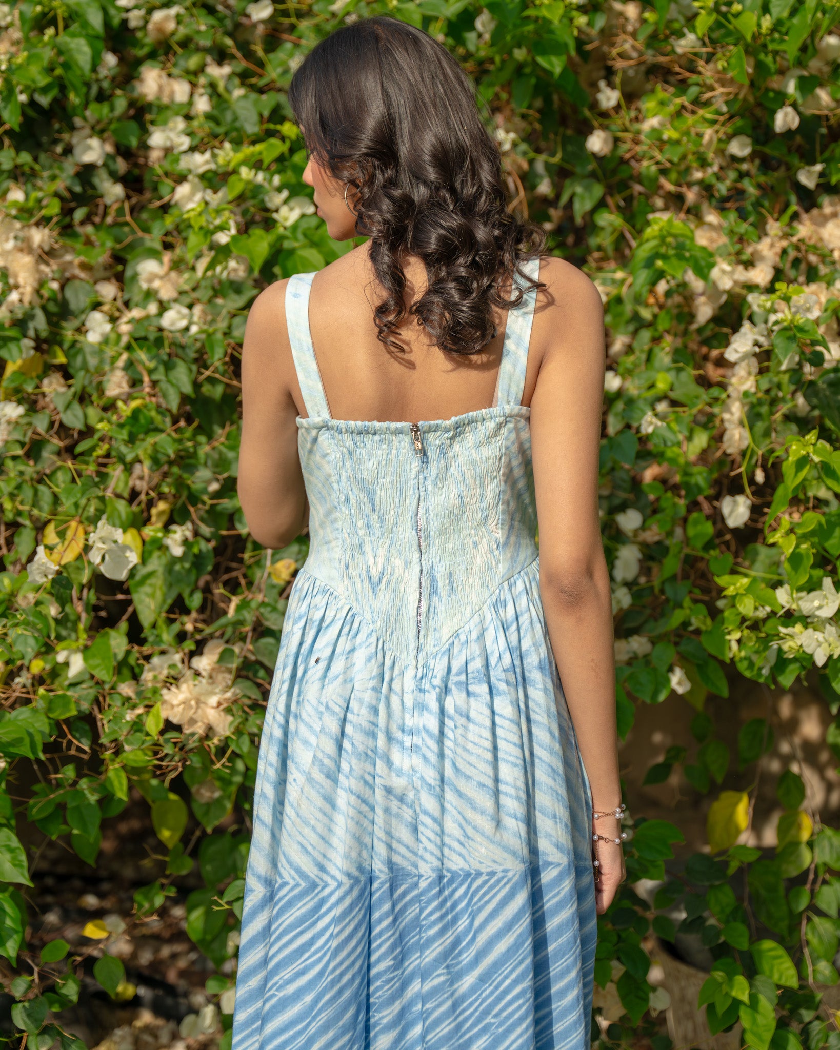 Shop Rhea Milkmaid Midi Dress | Arashi Shibori | Buy Linen Summer Maxi Dress