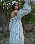Buy Aurora Chanderi Silk Maxi Dress | White & Blue | Shop Off Shoulder Maxi Dress Online