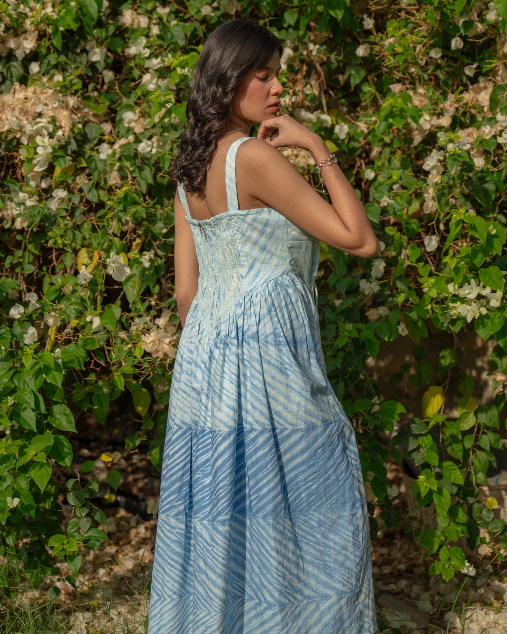 Shop Rhea Milkmaid Midi Dress | Arashi Shibori | Buy Linen Summer Maxi Dress