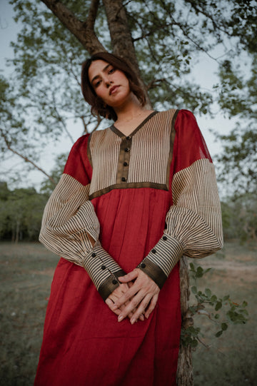 Shop Maya Upcycled Maheshwari Silk Dress | Buy Online | Red, Beige, Black