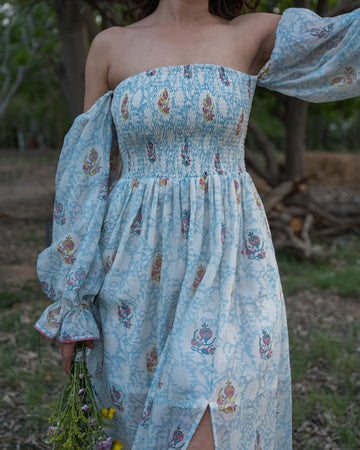 Buy Aurora Chanderi Silk Maxi Dress | White & Blue | Shop Off Shoulder Maxi Dress Online