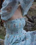 Buy Aurora Chanderi Silk Maxi Dress | White & Blue | Shop Off Shoulder Maxi Dress Online