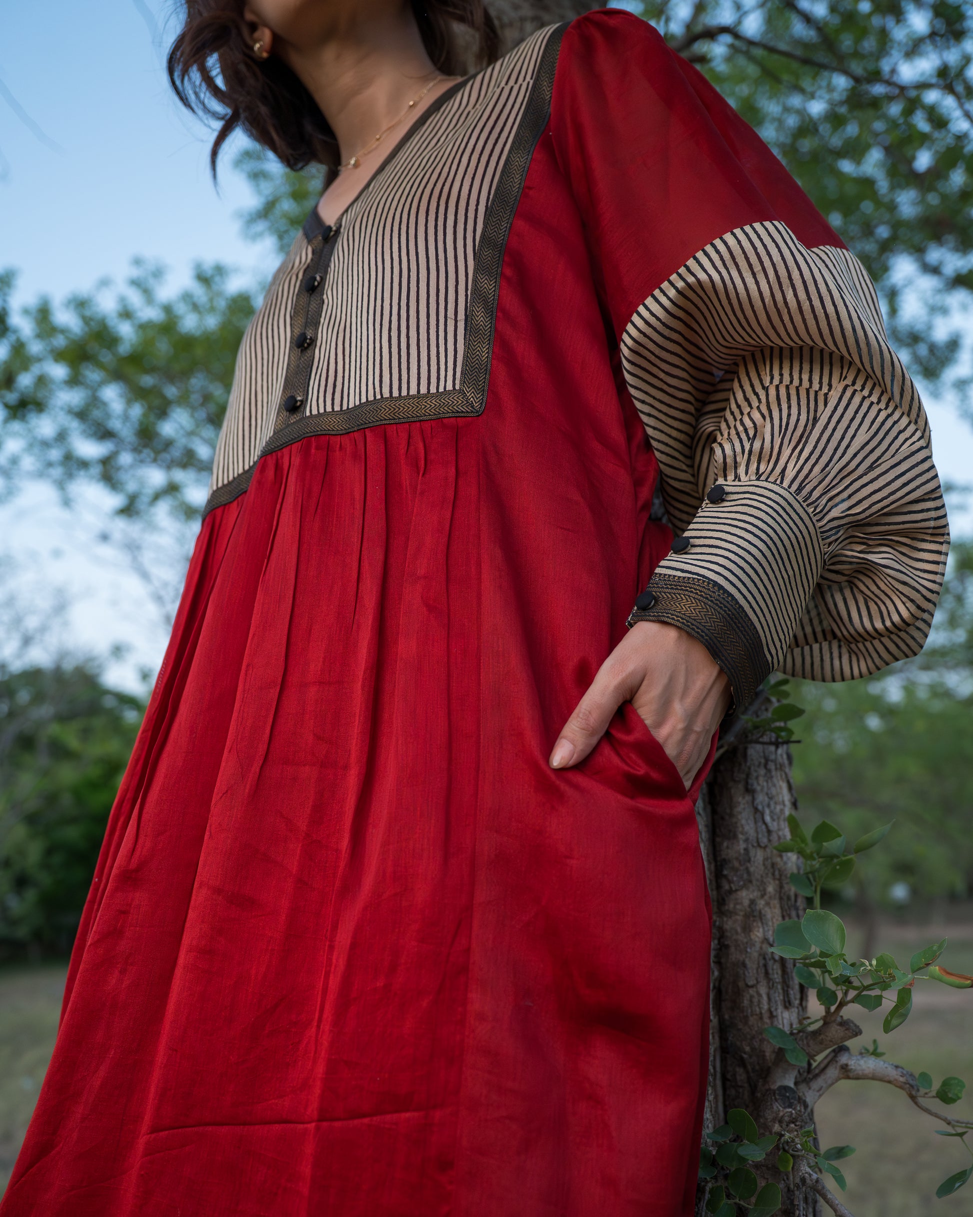 Shop Maya Upcycled Maheshwari Silk Dress | Buy Online | Red, Beige, Black