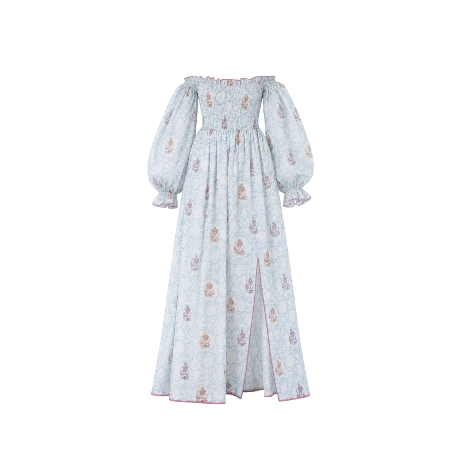 Buy Aurora Chanderi Silk Maxi Dress | White & Blue | Shop Off Shoulder Maxi Dress Online