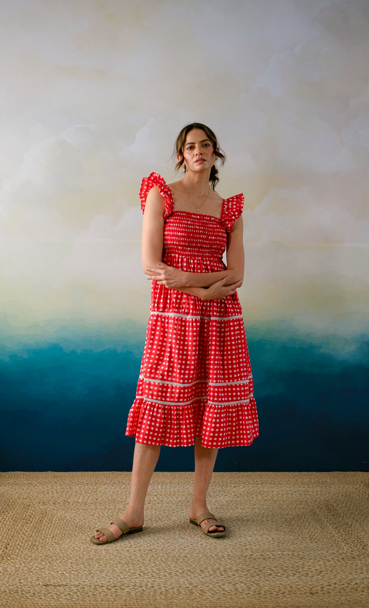 block printed cotton dress Manah Dress: Apricot M/L