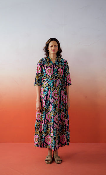 Casablanca Muse – Hand Block Printed Cotton Wrap Dress - Black Mosaic