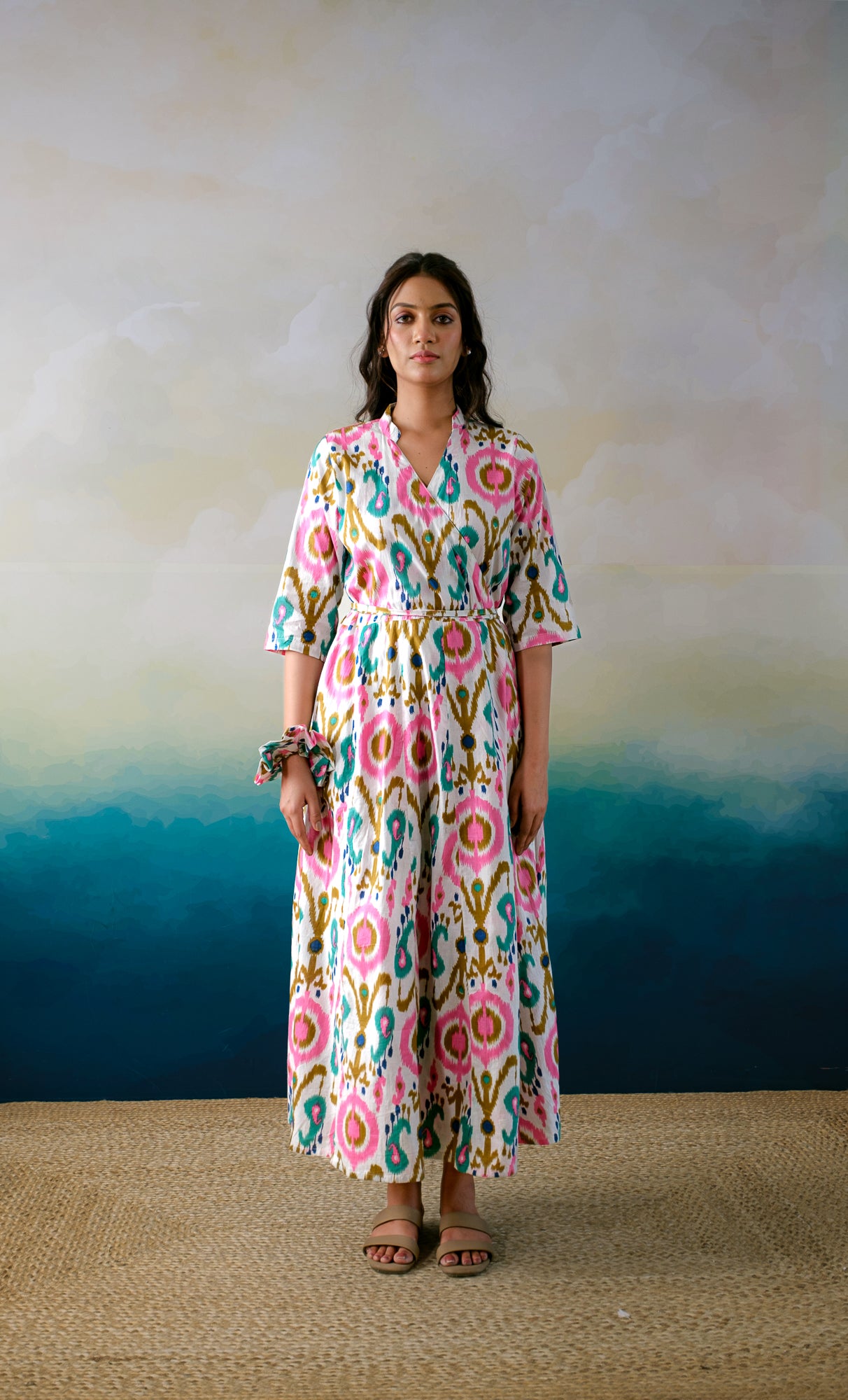Casablanca Muse – Hand Block Printed Cotton Wrap Dress - White Mosaic