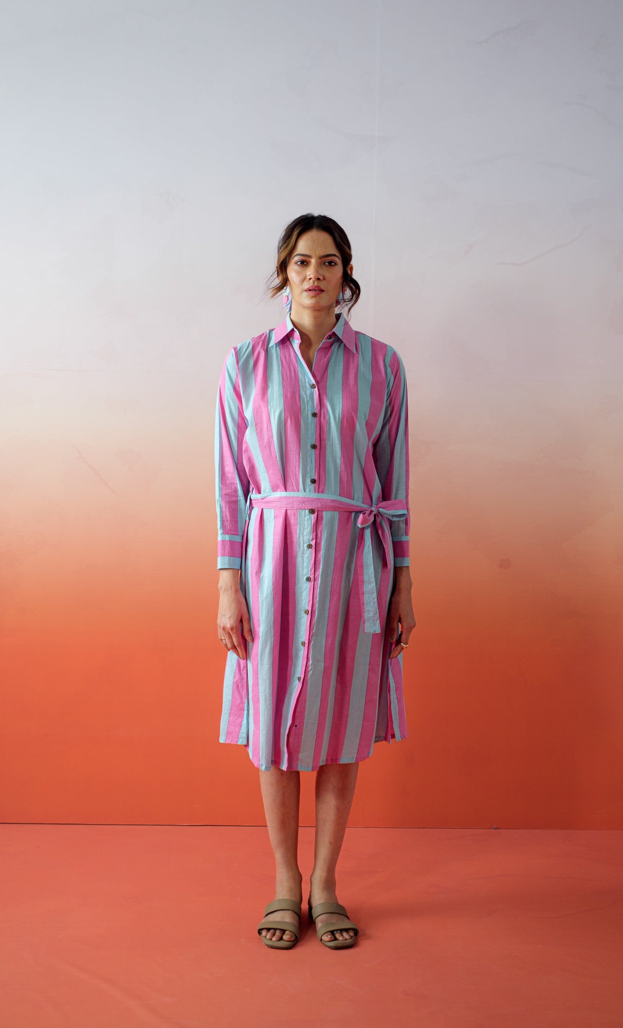 Singapore Dress – Hand Block Printed Cotton Shirt Dress -Candy Stripes