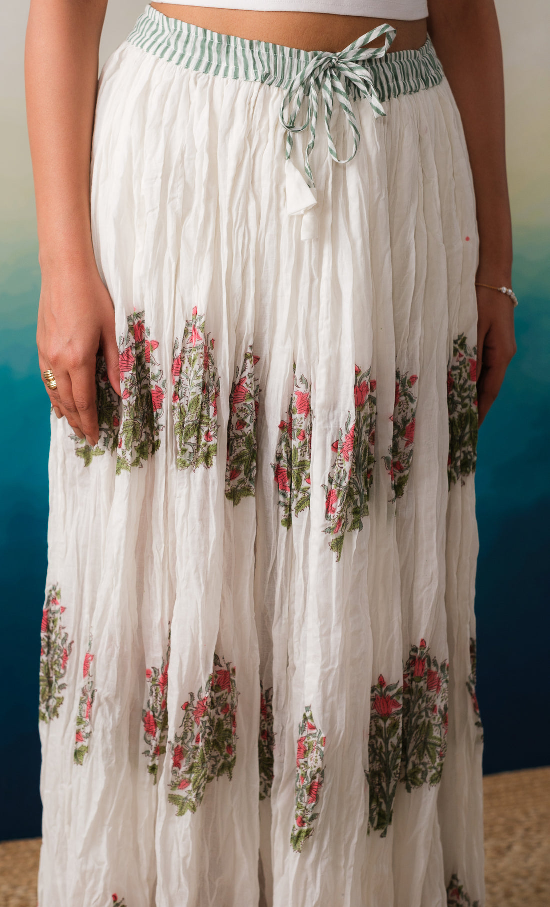 Marrakesh Escape – Hand Block Printed Cotton Panelled Skirt-Green