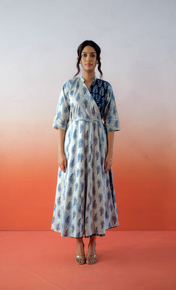 Casablanca Muse – Hand Block Printed Cotton Wrap Dress - Indigo