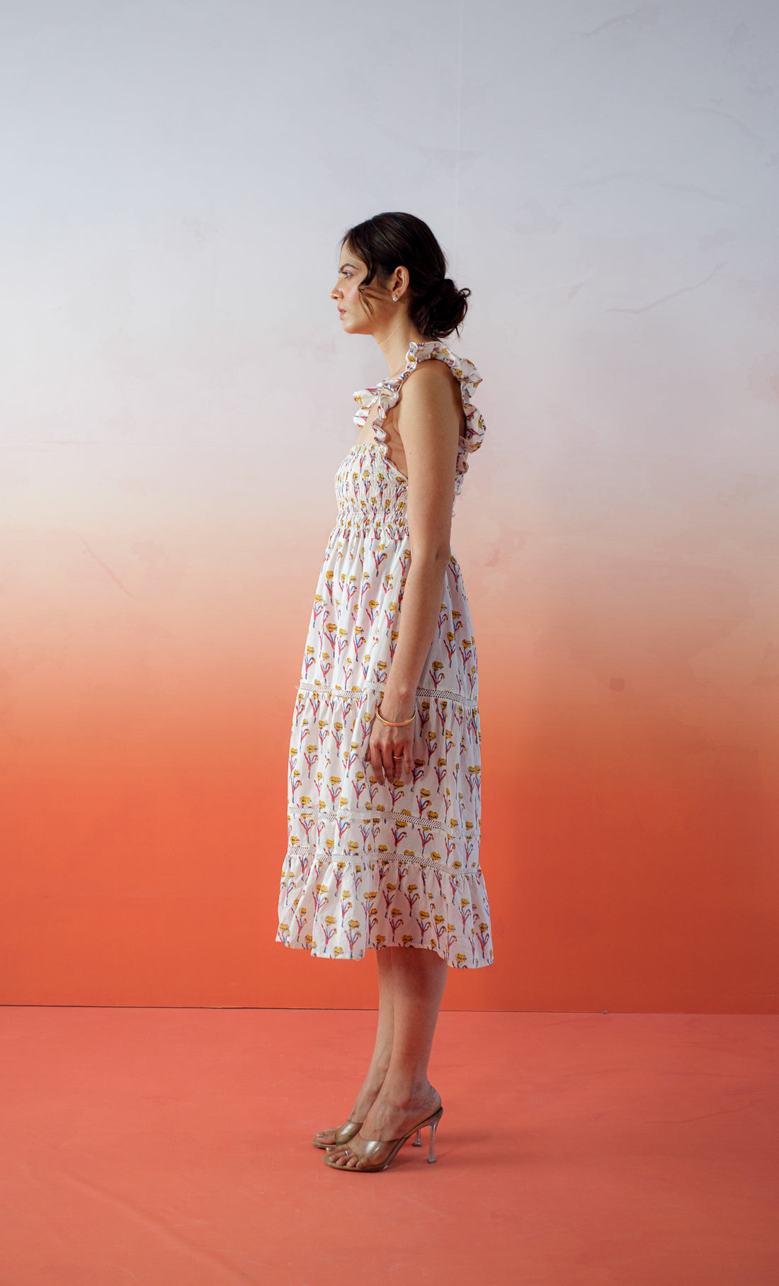 Sicilian Summer Dress – Hand Block Printed Cotton Dress -White Bloom