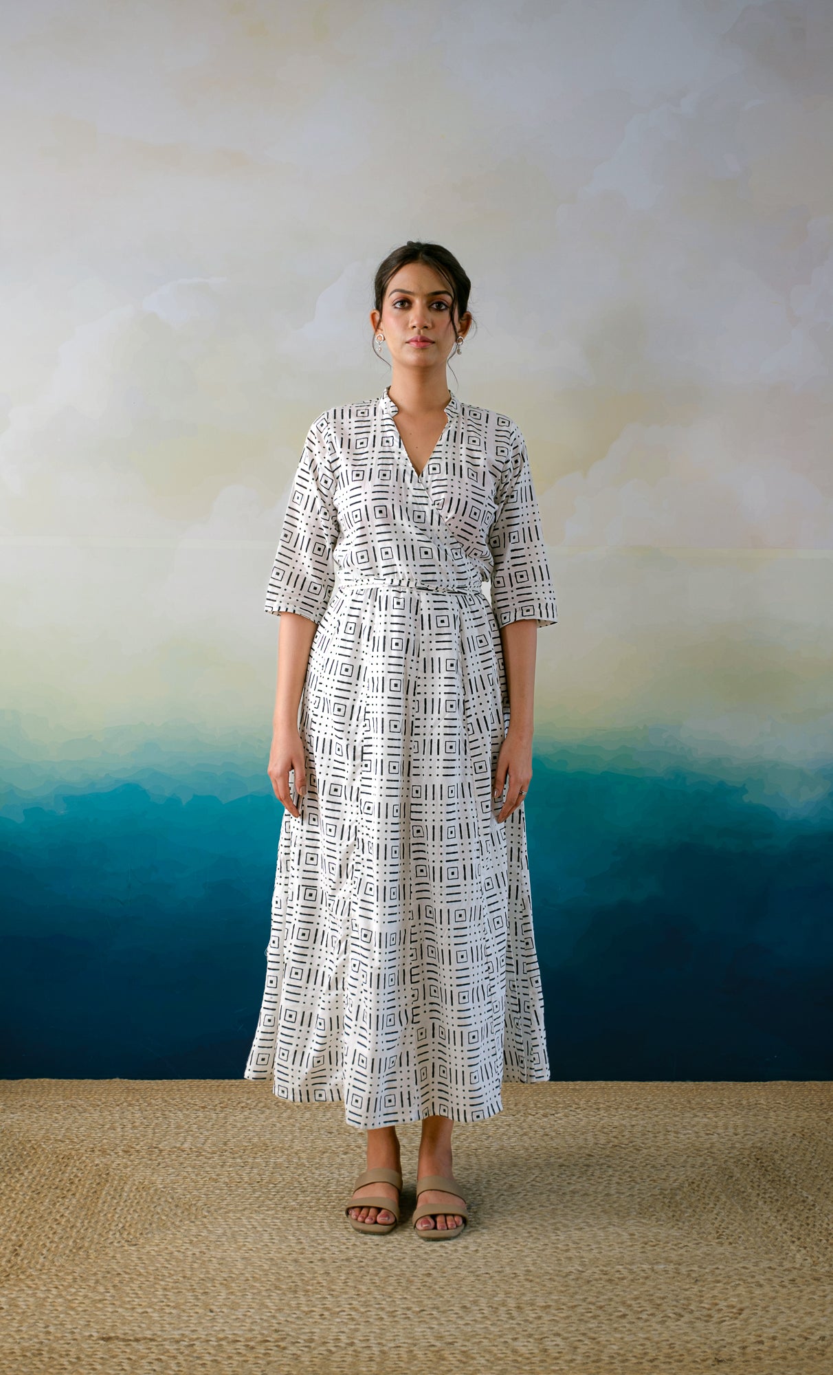 Casablanca Muse – Hand Block Printed Cotton Wrap Dress -Tetris