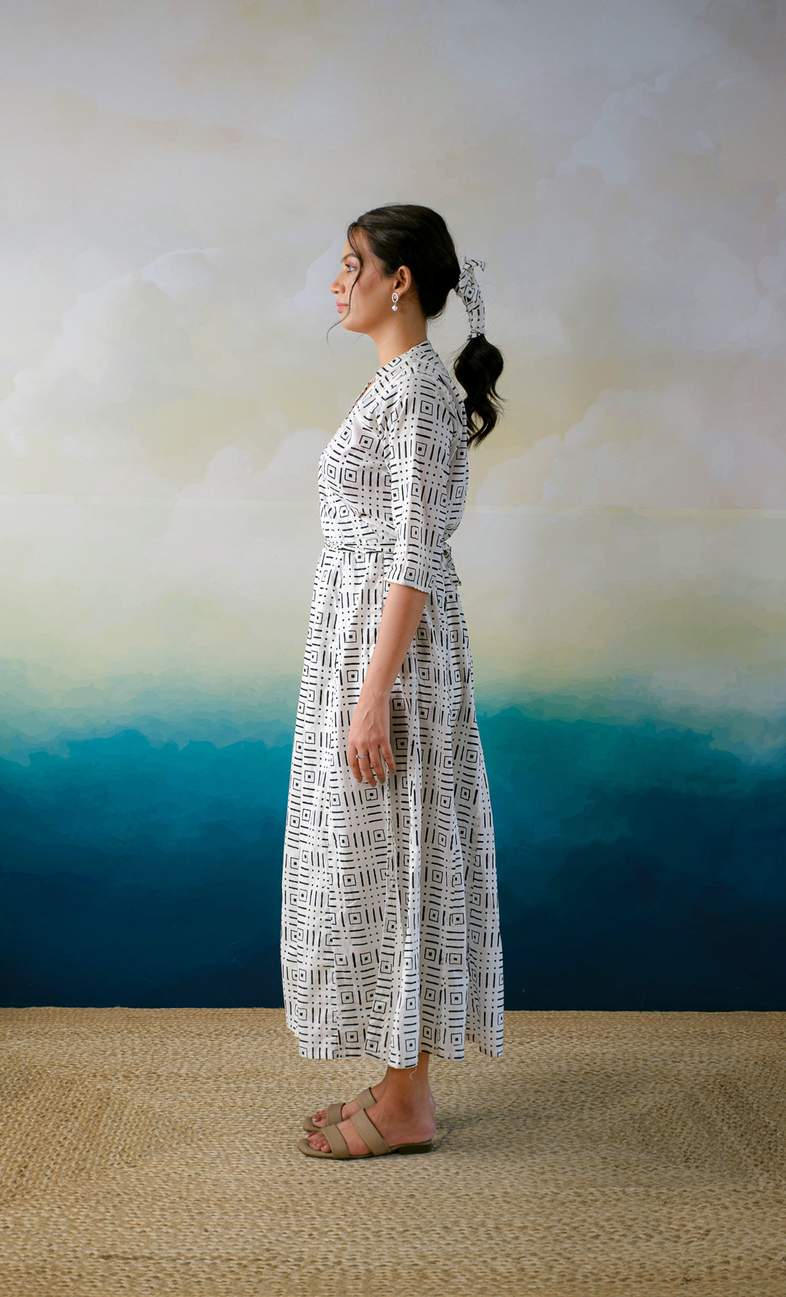 Casablanca Muse – Hand Block Printed Cotton Wrap Dress -Tetris