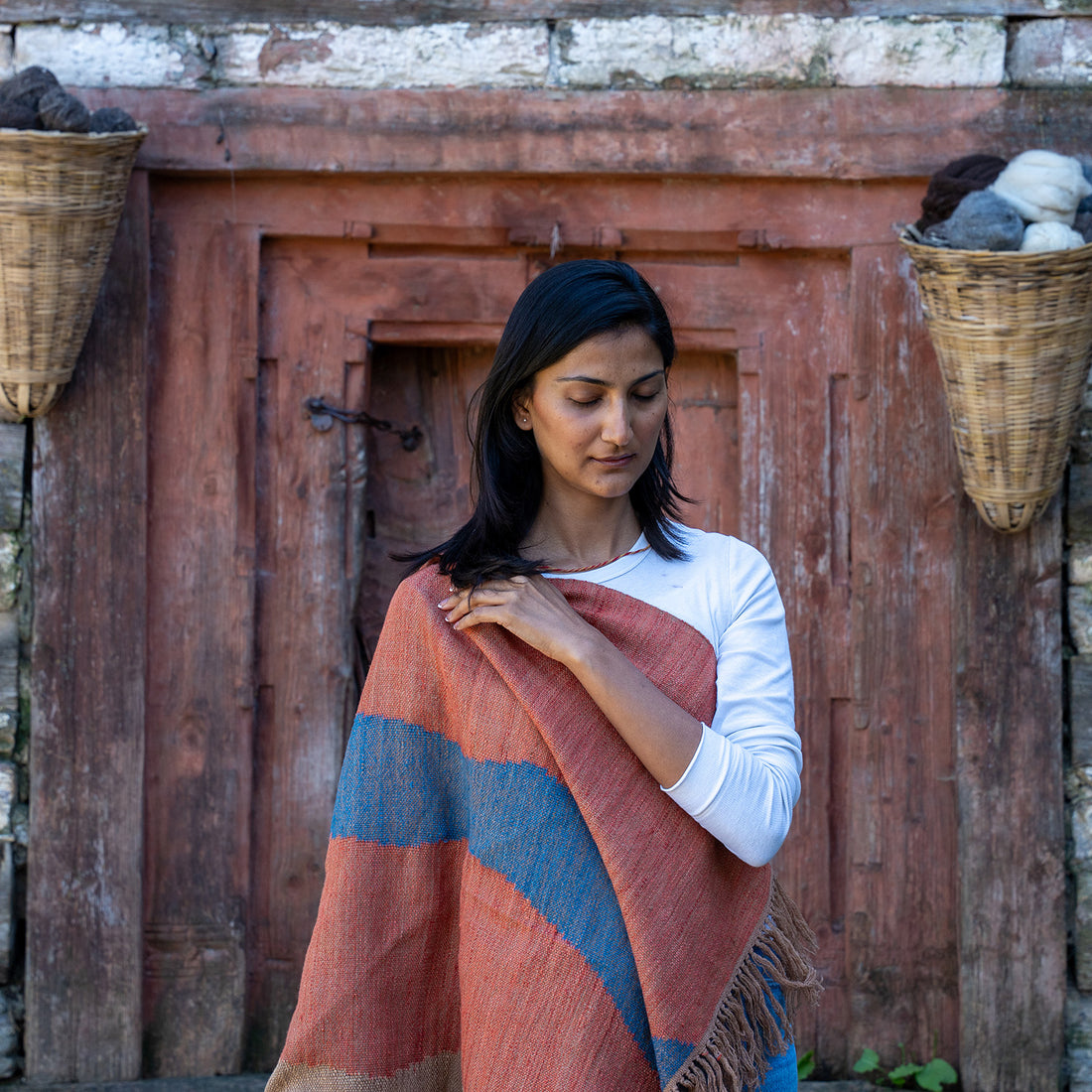 Vega Eri Silk & Wool Scarf - Blue & Orange